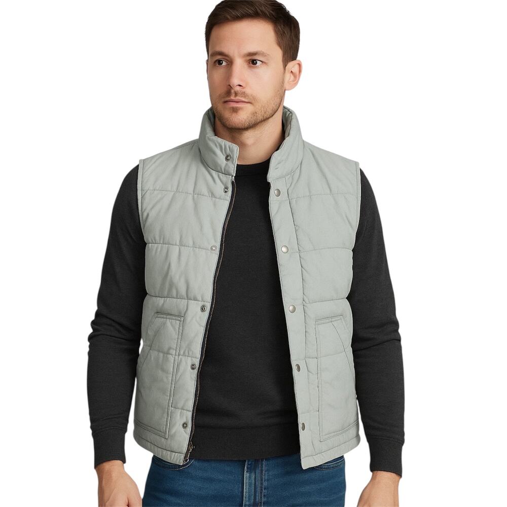 Vintage Flannel Plaid Lined Grey Puffer Vest Full Zip Stranger Things Style M-L